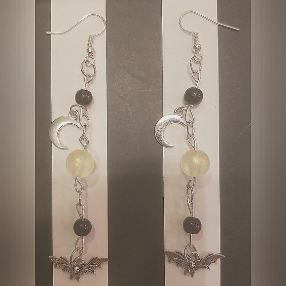 Handmade Bats & Moons Halloween Spooky Dangle Earrings - Picture 2 of 4